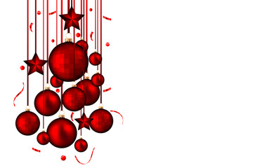 Red christmas balls ans stars with shadows and confetti isolated on transparent background	