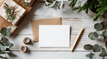 Festive greeting card setup with gift wrapping and eucalyptus on wooden table