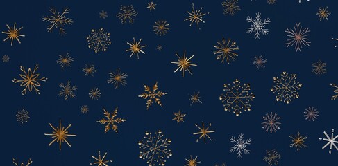 Stunning winter backdrop featuring a repeating pattern of gold and silver snowflakes on a deep blue background. Perfect for holiday design or fe