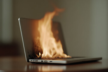 A laptop computer is on fire, engulfed in flames that lick upwards, leaving charred marks on its silver casing. The device sits on a reflective surface, contrasting with the muted background.
