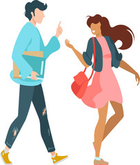 A young man and woman walk together, engaging in a friendly discussion, showcasing the excitement of social interactions in a vibrant, youthful atmosphere.