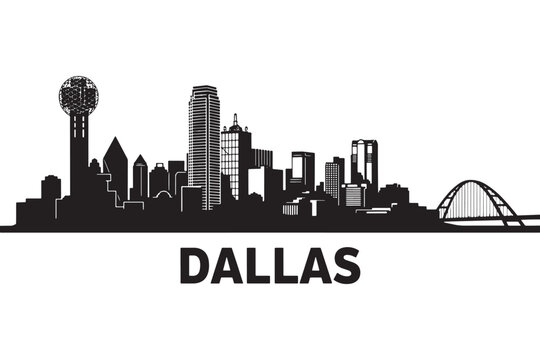 Silhouette of the dallas skyline isolated on white background showcases iconic buildings and landmarks against a clean backdrop, capturing the citys essence vector illustration