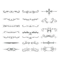 Gold text dividers doodle set. Wedding decorative elements. Divider ornament, borders, floral, vintage line separators. Hand drawn vector illustration isolated on white background.Set page dividers. 