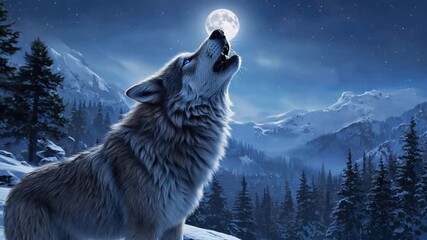Majestic wolf howling at bright full moon in snowy mountain forest wilderness under starry night - Powered by Adobe
