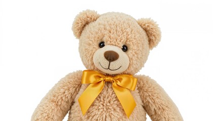Obraz premium Toy teddy bear wearing a big yellow bow isolated over white toy, bear, teddy, cuddly, bow, isolated, dear, soft, background, ribbon