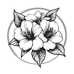Elegant hand-drawn illustration of blooming hibiscus flowers within a circular frame, evoking natural beauty and artistic grace. © MDKHALEDAL