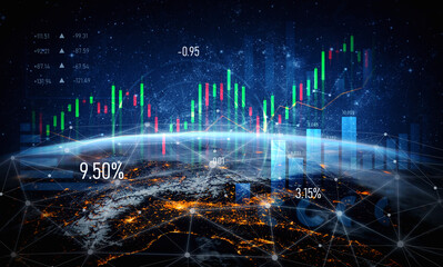 Obraz premium Stunning digital visualization of global stock market trends with colorful financial graphs and data overlays, enhancing the view of Earth at night. Scalp