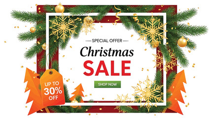 A vibrant christmas sale banner featuring a decorative frame of pine branches, golden ornaments, and snowflakes, with a special offer of up to 30 off