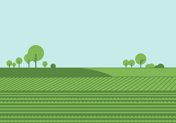 A minimalist vector illustration of a rural landscape with green agricultural fields and rolling hills.