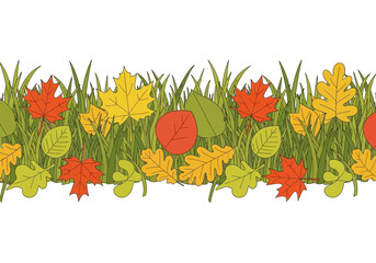 Autumn leaves and grass border illustration.