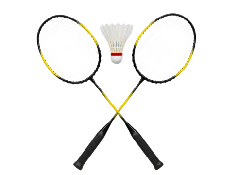 Two badminton rackets and shuttlecock isolated on transparent background