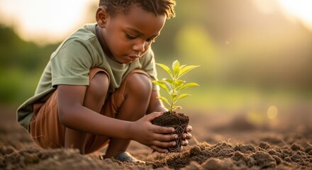 Nurturing Growth: A young person plants a seedling in the rich soil, embodying hope, growth, and environmental stewardship, against a warm, sunlit backdrop.