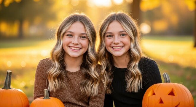 Autumn Twin Sisters with pumpkins: Capturing the beauty of autumn, two twin sisters radiate smiles beside pumpkins, the warm sunlight enhancing the natural charm. - Powered by Adobe