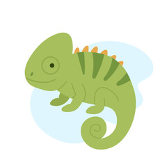 chameleon illustration, vivid reptile scenery for nursery decoration, playful illustration showcasing green chameleon blending into its natural environment for learning purposes