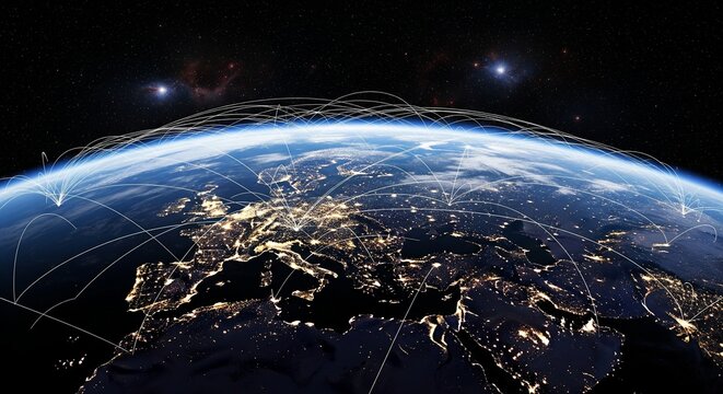 Earth at night illuminated by city lights and stars in space