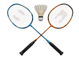 Two badminton rackets and shuttlecock isolated on transparent background