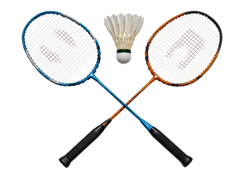 Two badminton rackets and shuttlecock isolated on transparent background