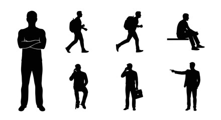 Collection of minimalist black silhouettes depicting various human poses and actions