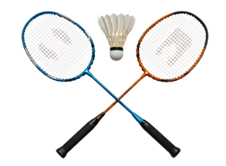 Two badminton rackets and shuttlecock isolated on transparent background