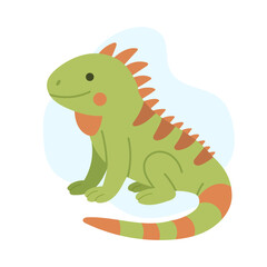 green iguana sitting with spiky back, cheerful cartoongreen iguana on soft blue backdrop, tropical foliage hints,, playful expression ideal for nursery and sticker designs