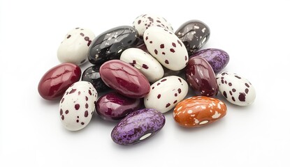 An illustration of assorted multicolored beans scattered on a white background