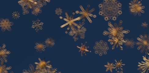 Abstract and artistic background featuring golden snowflakes on a dark blue backdrop. Perfect for seasonal designs, Christmas themes, and winter