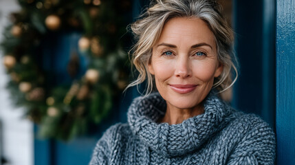 Mature woman smiling in front of Christmas wreath on blue door  
