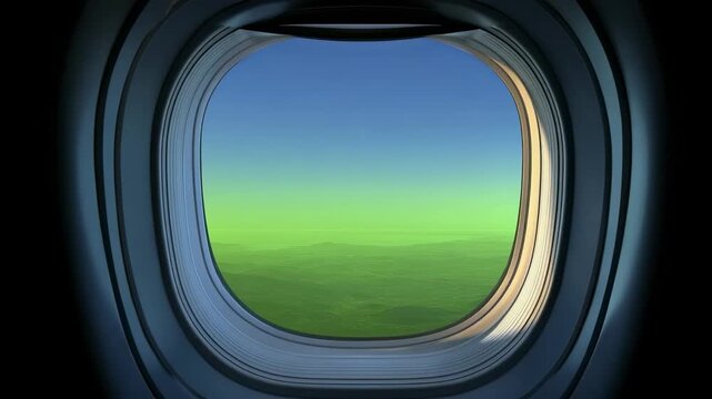 View from an aircraft window showing a blue sky fading to green over a hazy landscape or body of water