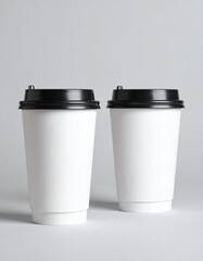 Blank coffee cups mockup with black lids.