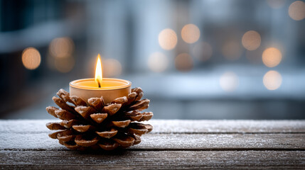 Pinecone candle holder with golden flame on snowy wooden windowsill  