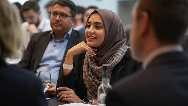 Engaged Female School Principal in Hijab Attending a Professional Business or Educational Conference