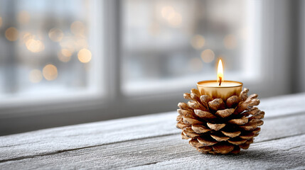 Pinecone candle holder with golden flame on snowy wooden windowsill  