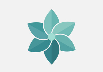 A stylized six-petal flower icon in shades of teal and turquoise with a light center and white outlines, on a light gray background.
