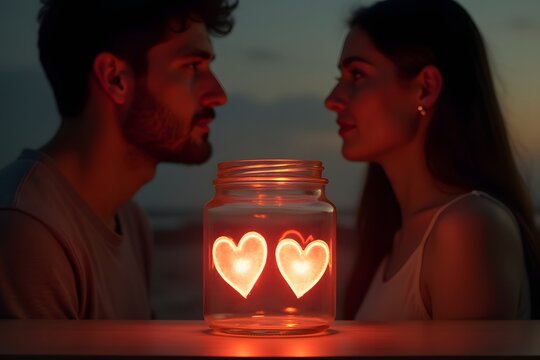 A couple staring at a glass jar with two glowing hearts slowly spinning. - Powered by Adobe
