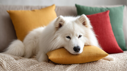 Samoyed dog resting on yellow pillow with colorful cushions in cozy home  