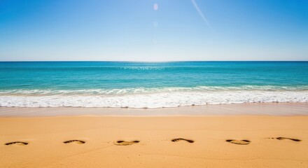 Footprints in the sand leading towards the ocean on a sunny day