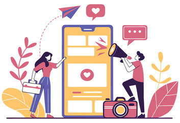 Mobile Social Media Marketing Illustration with People and Smartphone