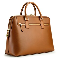 Tan brown leather handbag with gold zippers and handles displayed on a clean white background purse