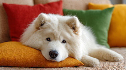 Samoyed dog resting on orange pillow with colorful festive cushions  