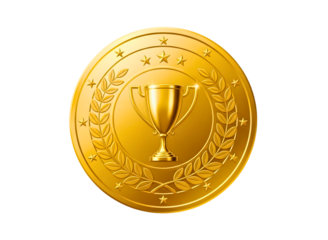 Golden trophy and medal with laurel wreath isolated on transparent background