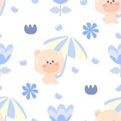 Seamless Cute Bear Holding Umbrella Pattern | Soft Pastel Blue Baby Animal Print with Flowers for Kids Fabric, Nursery Decor, Scrapbooking, and Wrapping Paper Design