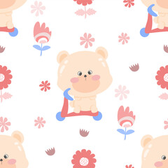 Obraz premium Adorable seamless pattern featuring a cute bear riding a scooter surrounded by pastel flowers. Perfect for kids’ fabric, baby nursery decor, wrapping paper and digital scrapbooking