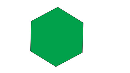 A solid green hexagon standing on a white background with a slight perspective view of the object