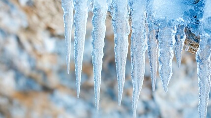 Close up of transparent icicles hanging in winter sunlight