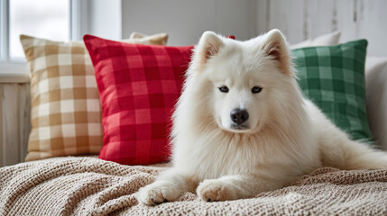 Fluffy Samoyed dog resting on cozy blanket with Christmas pillows  