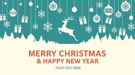 Merry christmas and happy new year greeting card with reindeer, christmas tree, gift, snowflake, and ornament on a teal background, perfect for spreading holiday cheer