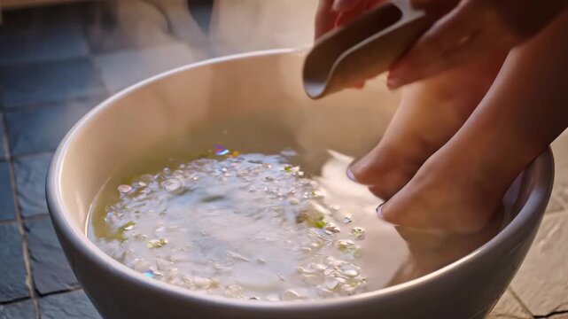 A hand pours salts from a wooden scoop into a foot spa, feet submerged. Vapor rises