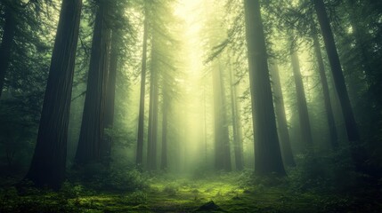 Obraz premium Dense fog swirling through a silent ancient forest