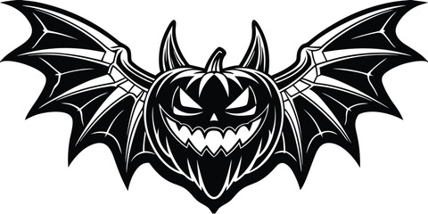 Halloween vector illustration featuring a grinning pumpkin with bat wings, spooky jack-o’-lantern character, scary holiday design, perfect for Halloween party, poster, and decoration themes