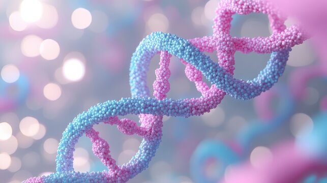 Close-up of a colorful DNA helix model with a blurred background